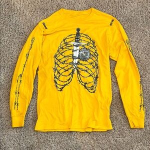 Post Malone Merch Yellow Long Sleeve Shirt with Skeleton and Barbed Wire Design